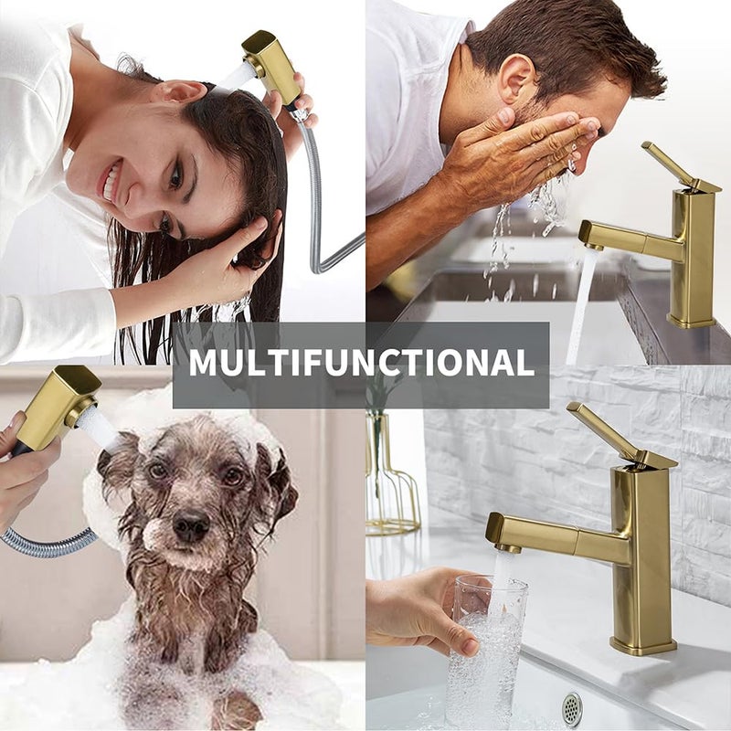 KAIYING Bathroom Sink Faucet with Pull Out Sprayer, Single Handle Basin Mixer Tap for Hot and Cold Water, Lavatory Pull Down Sink Faucet with Rotating Spout (Regular,Brushed Champagne Gold) - Image 2